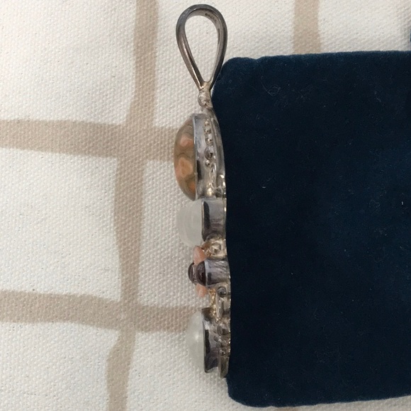 Large Sterling Pendant with Rainbow Moonstone, Jasper, Garnet, & Mother of Pearl - Picture 6 of 7